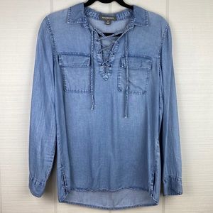 Alexander Jordan Long Sleeve Collared Denim Blue Top Lace Up Tie Front Pockets M